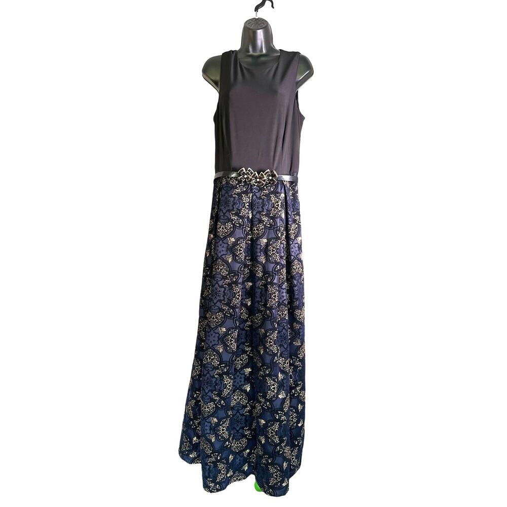 LF Leslie Fay belted blue and gold skirt long tank dress with petticoat gown 12
